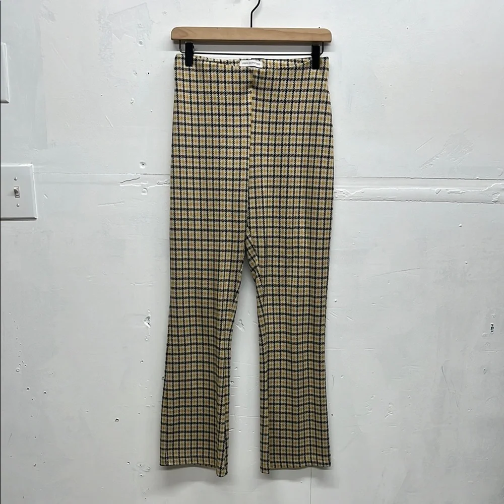 Urban Outfitters Plaid Stretch Flare Pants Yellow Black - Picture 2 of 6